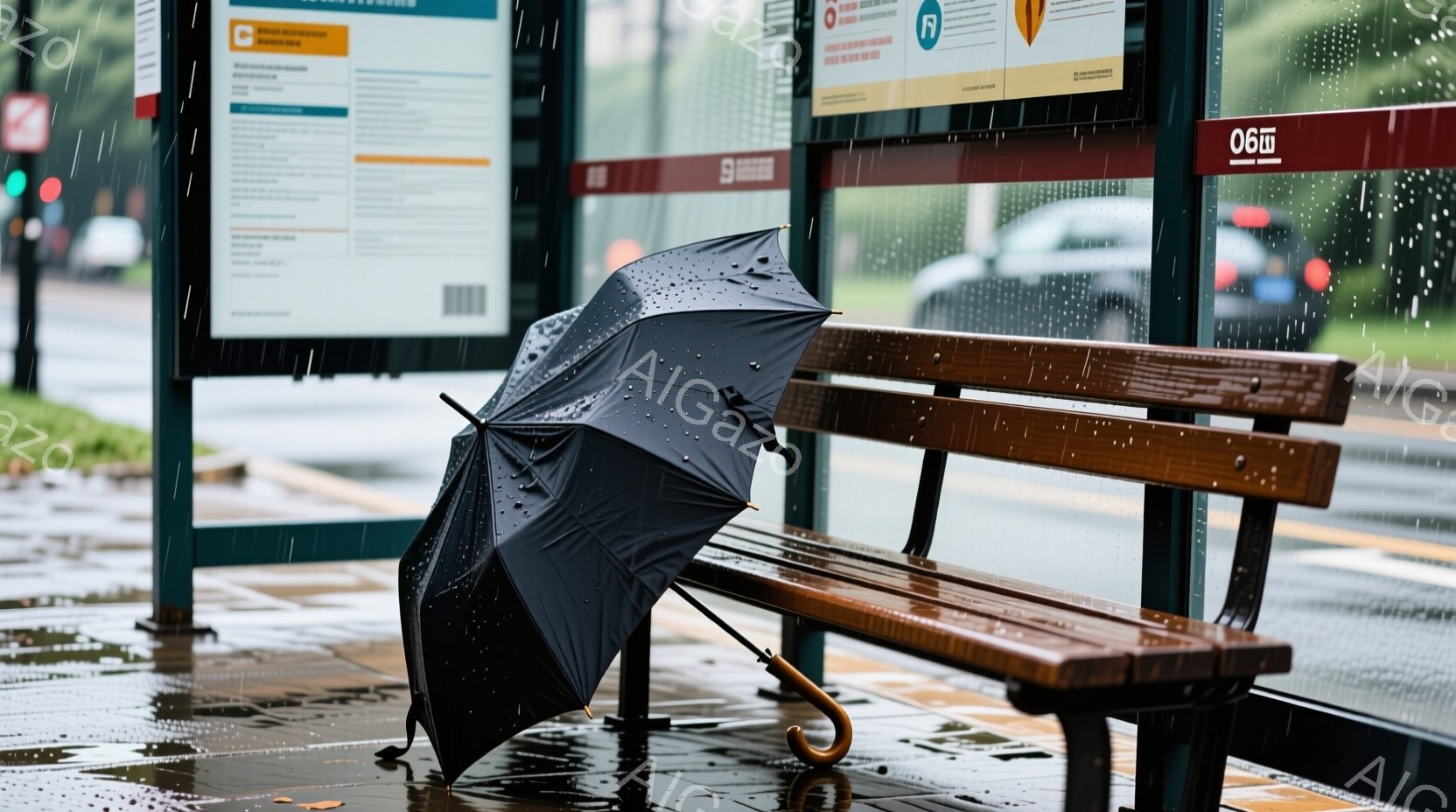 雨が降るバス停に黒い傘が立てかけられています。濡れた地面と傘の水滴、そして木製のベンチが、雨の日の静かな風景を描き出しています。背景にはぼやけた建物や緑が見え、全体的に落ち着いた、少し寂しげな雰囲気が漂っています。
