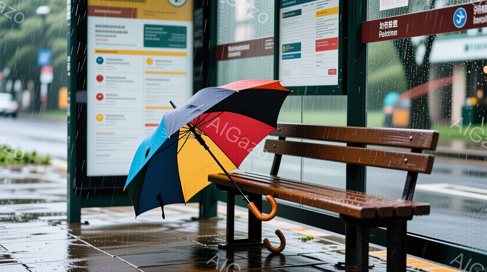 バス停の屋根の下に木製のベンチがあり、地面は雨で濡れています。カラフルなストライプの傘がベンチの横に立てかけられており、雨が降っていることがわかります。全体的に、雨の日の静かで落ち着いた雰囲気が漂っています。