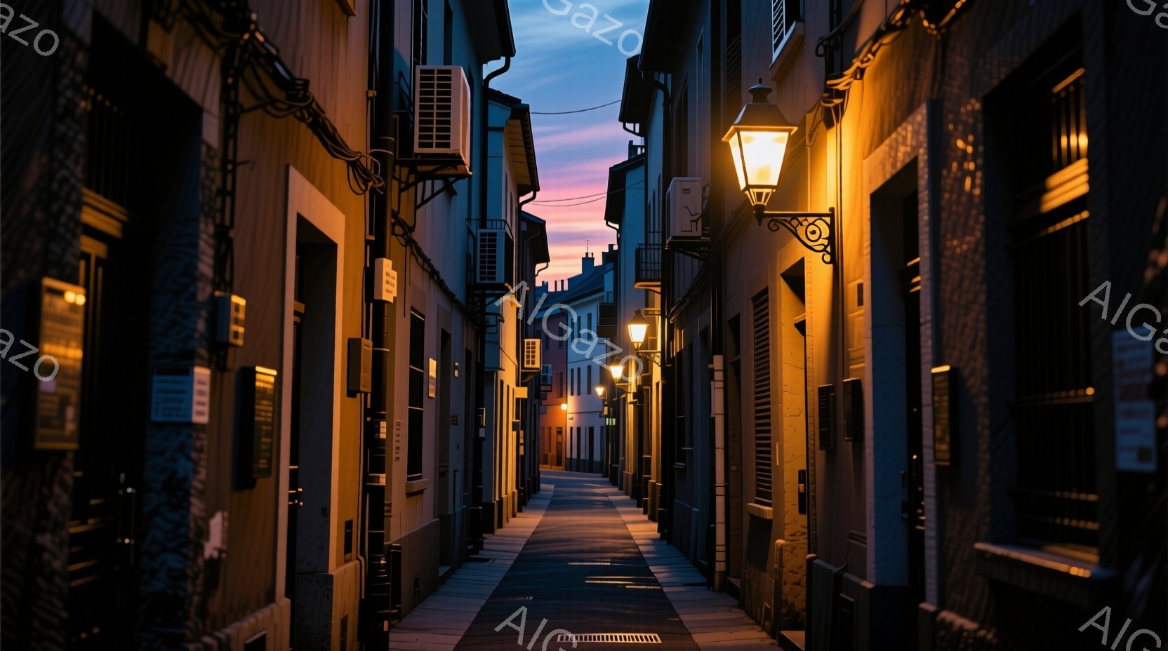 石畳の狭い路地が、夕暮れ時の空の下に伸びている。古い建物が両側に立ち並び、壁には外付けのエアコンが取り付けられている。路地には街灯が灯り、遠くには薄暗い空が広がっており、静かで落ち着いた雰囲気が漂っている。