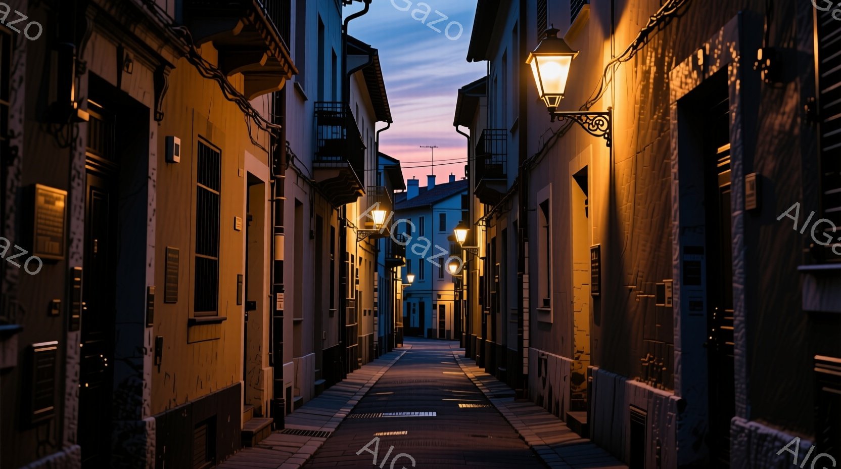 石畳の狭い路地が、夕暮れ時の柔らかな光に照らされている。両脇には古い建物が密集し、壁には影が落ちている。空は薄紫からオレンジ色へとグラデーションを描き、静かでノスタルジックな雰囲気を醸し出している。