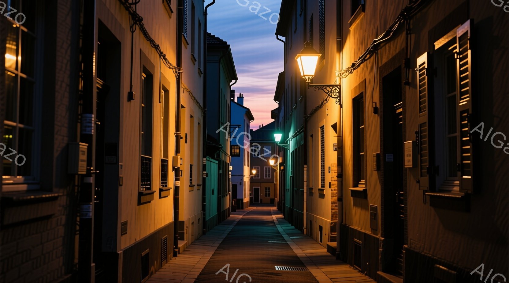 石畳の狭い路地が、両側に高くそびえる建物によって画かれている。建物は多様な色合いで彩られ、オレンジ、黄色、そして緑色などが混ざり合っている。空は夕暮れ時を思わせる薄紫とオレンジのグラデーションで、路地の奥へと続く奥行きが強調され、静寂でノスタルジックな雰囲気を醸し出している。