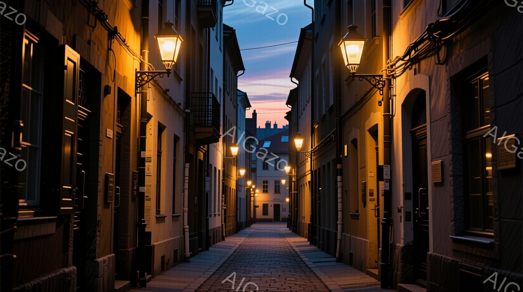 石畳の道が両側に古い建物に挟まれ、遠くの空には夕焼けが広がっている。建物は暗い色調で、各窓からは暖かな光が漏れ、街灯が道に温かい光を投げかけている。全体的に、静かで趣のある、歴史を感じさせる雰囲気である。