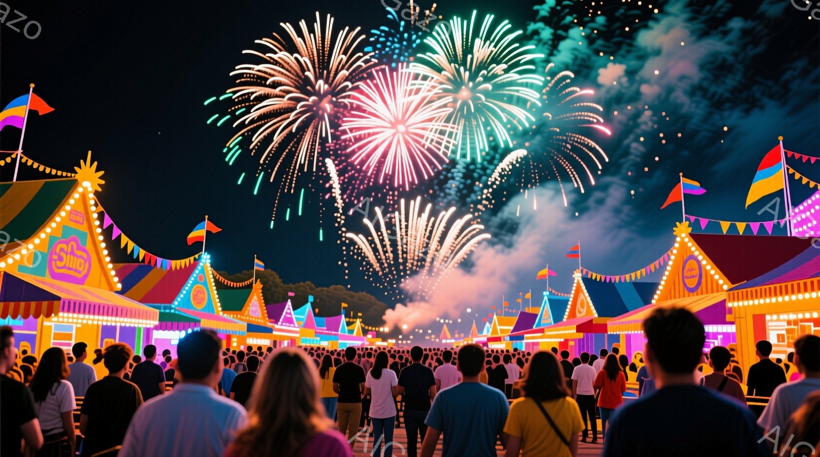 夜空には鮮やかな花火が打ち上げられ、地面では多くの人々がそれを眺めている様子が描かれています。人々はカジュアルな服装で、後ろ姿しか見えませんが、楽しそうな雰囲気が伝わってきます。背景には、カラフルな屋 - AI生成フリー素材