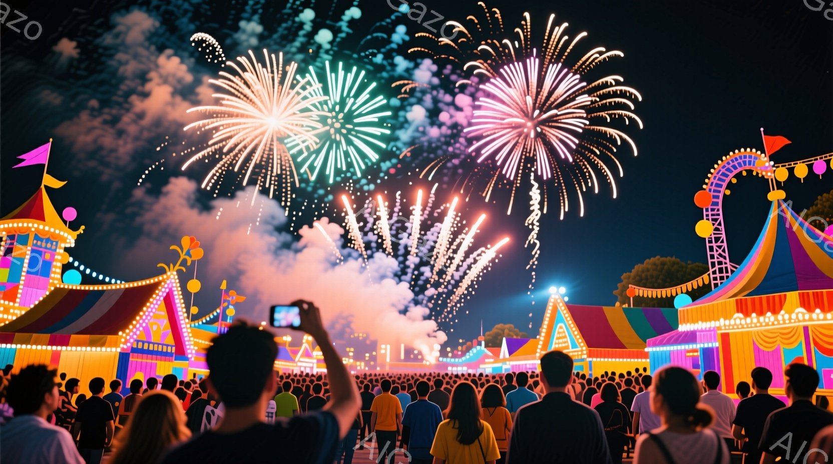 夜空には鮮やかな花火が打ち上げられ、会場は興奮と熱気に包まれています。観客はカラフルな光を見上げるか、スマートフォンでその瞬間を捉えようとしており、イベントの賑わいが伝わってきます。背景には、カラフルな装飾が施された屋台や観覧車が並び、お祭りの華やかな雰囲気を一層引き立てています。