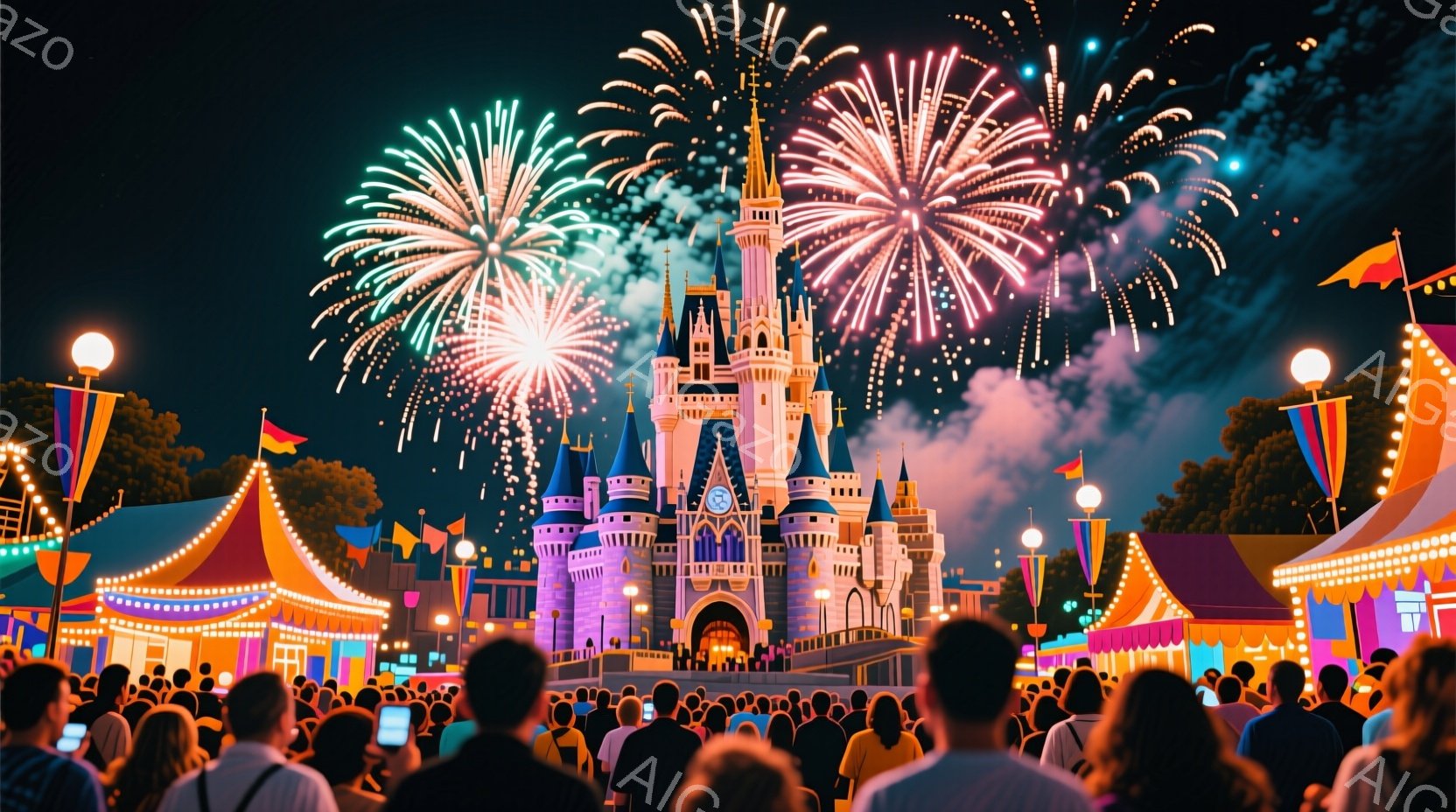 夜空に打ち上げられた色鮮やかな花火が、シンデレラ城を背景に咲き乱れている。多くの観客は、スマートフォンでその様子を撮影したり、興奮した表情で花火を見上げている。賑やかな遊園地の雰囲気が漂い、城のライト - AI生成フリー素材