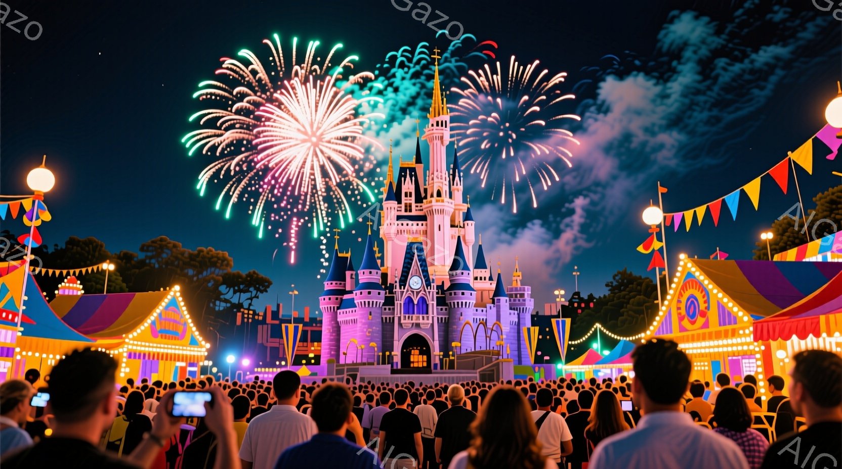 夜空には鮮やかな花火が咲き乱れ、シンデレラ城を背景に幻想的な光景が広がっています。観客は様々な服装で、スマートフォンで写真や動画を撮影したり、花火を見上げて歓声を上げている様子が伺えます。背景には、カラフルな装飾が施された建物や緑豊かな木々が見え、賑やかで楽しい雰囲気が漂っています。