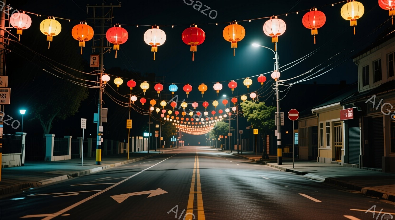 夜の静かな街並みが写っている。道路の中央には白い車線が引かれ、両脇には街灯と標識が並んでいる。空には赤い提灯が連なり、幻想的な雰囲気を醸し出している。