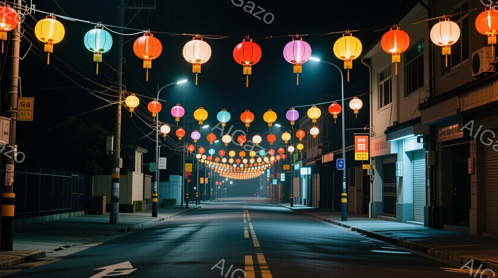 夜の街並みが、赤、オレンジ、黄色などの提灯で彩られています。道路は空っぽで、建物のシャッターは閉まっており、静寂な雰囲気が漂っています。遠くには霧がかかっており、街全体が幻想的で少し寂しげな印象を与え - AI生成フリー素材