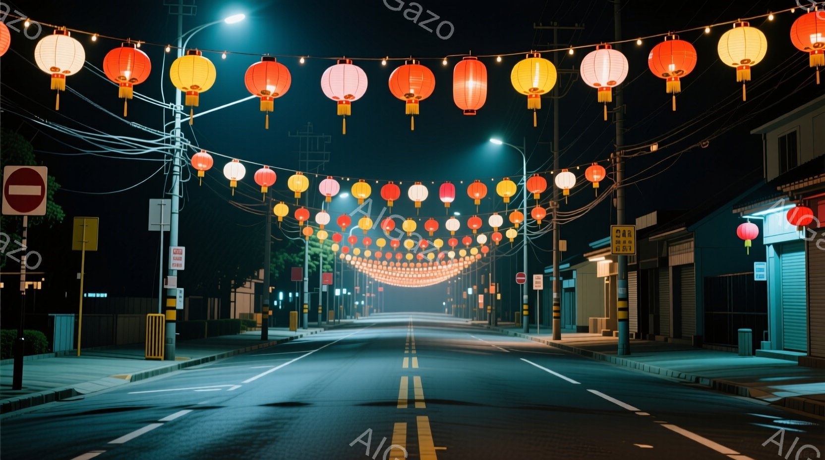 夜の街並みが描かれており、道路の上空に提灯が並べられています。空は暗く、街灯と提灯の光がアスファルトの道を照らし、遠くにはぼんやりと建物が見えます。静かで落ち着いた雰囲気で、どこか懐かしいような、日本の田舎町の夜の風景を思わせます。