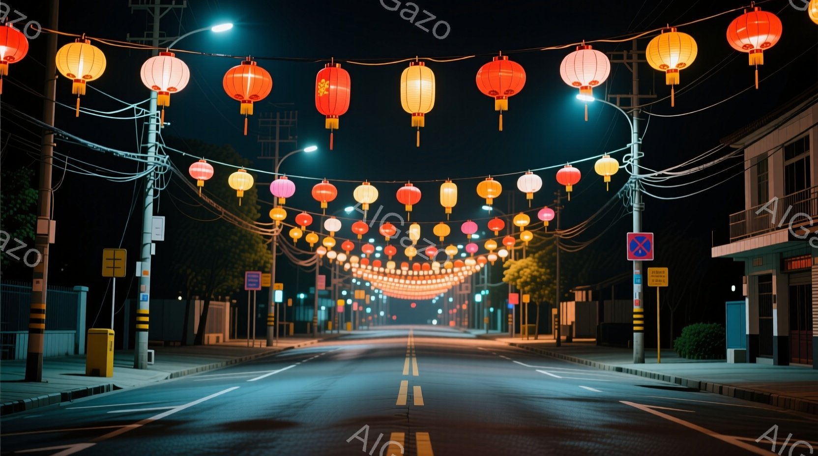 夜の静かな通りが、色とりどりの提灯で華やかに飾られている。アスファルトの道は濡れており、街灯と提灯の光が反射して幻想的な雰囲気を醸し出している。両脇の建物は薄暗く、遠くにはぼんやりとした光が見える程度 - AI生成フリー素材
