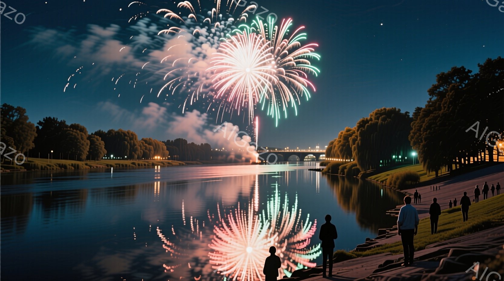 夜空には鮮やかな花火が咲き乱れ、水面にその美しい姿が反射している。河岸には数人の人々が立ち、花火を見上げているが、シルエットのため詳細は不明瞭である。背景には緑豊かな木々が連なり、穏やかな川の流れと相 - AI生成フリー素材