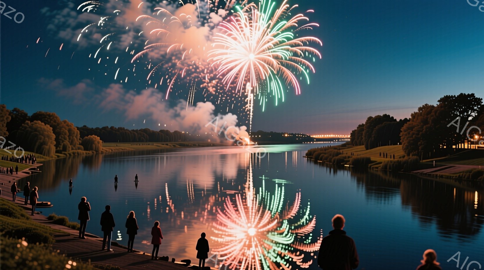 夜空には鮮やかな花火が咲き乱れ、水面にその光が反射して幻想的な光景を作り出している。遊歩道には人影が見え、後ろ姿からは楽しんでいる様子が伝わってくるが、表情ははっきりとはわからない。背景には緑豊かな木 - AI生成フリー素材