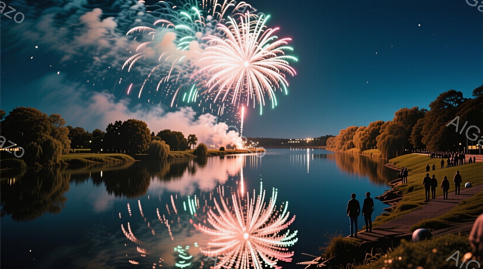 夜空に色鮮やかな花火が咲き乱れ、水面にその光が反射して幻想的な光景を作り出している。湖畔には数人の人々が立っており、黒や濃い色の服を着て、花火を見上げている姿が確認できる。背景には緑豊かな木々と穏やか - AI生成フリー素材