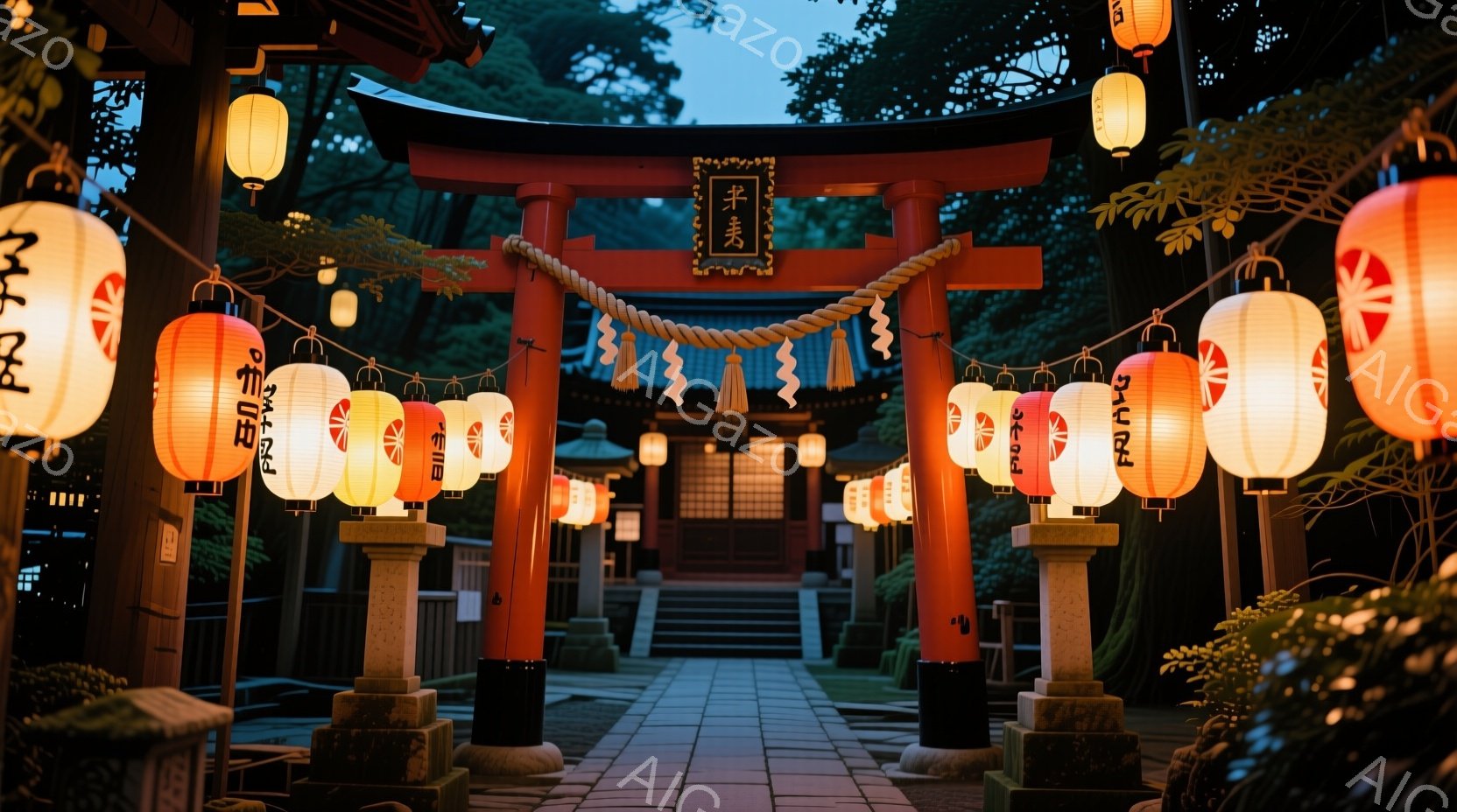 朱色の鳥居が並び、参道に吊り下げられた提灯が温かい光を放っている。背景には、木々に囲まれた伝統的な様式の建物が見え、夜の静寂と神聖な雰囲気が漂っている。参道は石畳で、夜空は薄暗く、幻想的な光景を作り出 - AI生成フリー素材