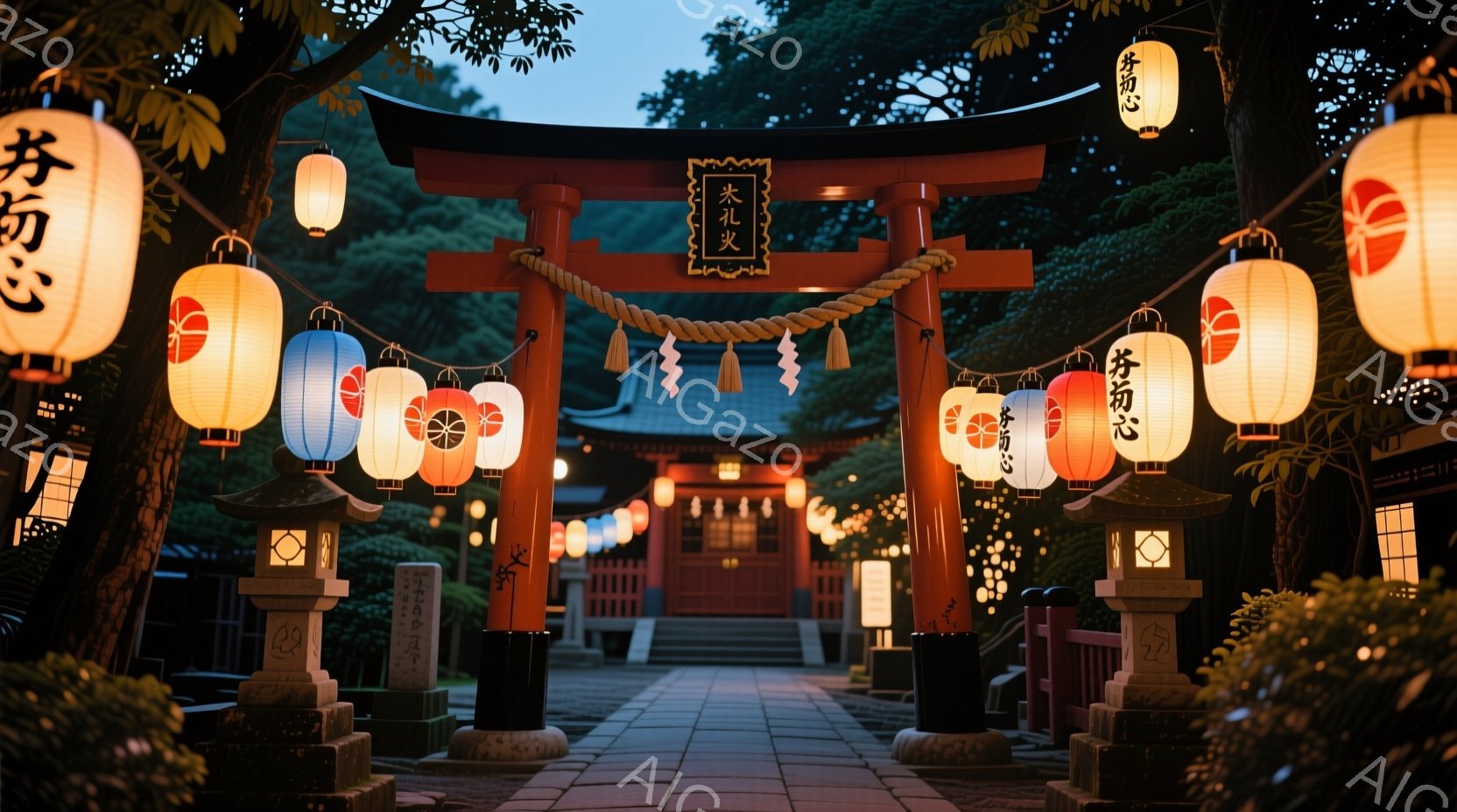 朱色の鳥居が並び、参道に続く石畳の道が印象的な画像です。夜間であり、鳥居や柱に提灯が灯され、幻想的な雰囲気を醸し出しています。背景には木々が生い茂り、静かで厳かな空気が漂っています。 - AI生成フリー素材