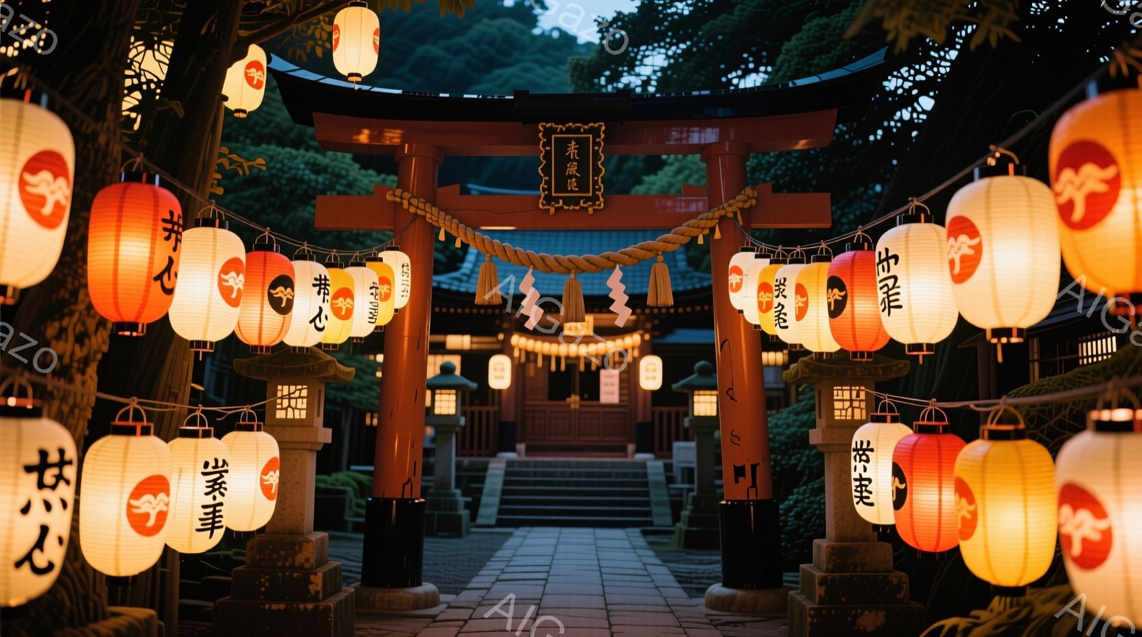 鳥居が並び、参道が続く様子が描かれています。両脇には提灯が灯り、暖かく幻想的な雰囲気を醸し出しています。背景には緑豊かな木々が見え、静かで厳かな空間が広がっています。