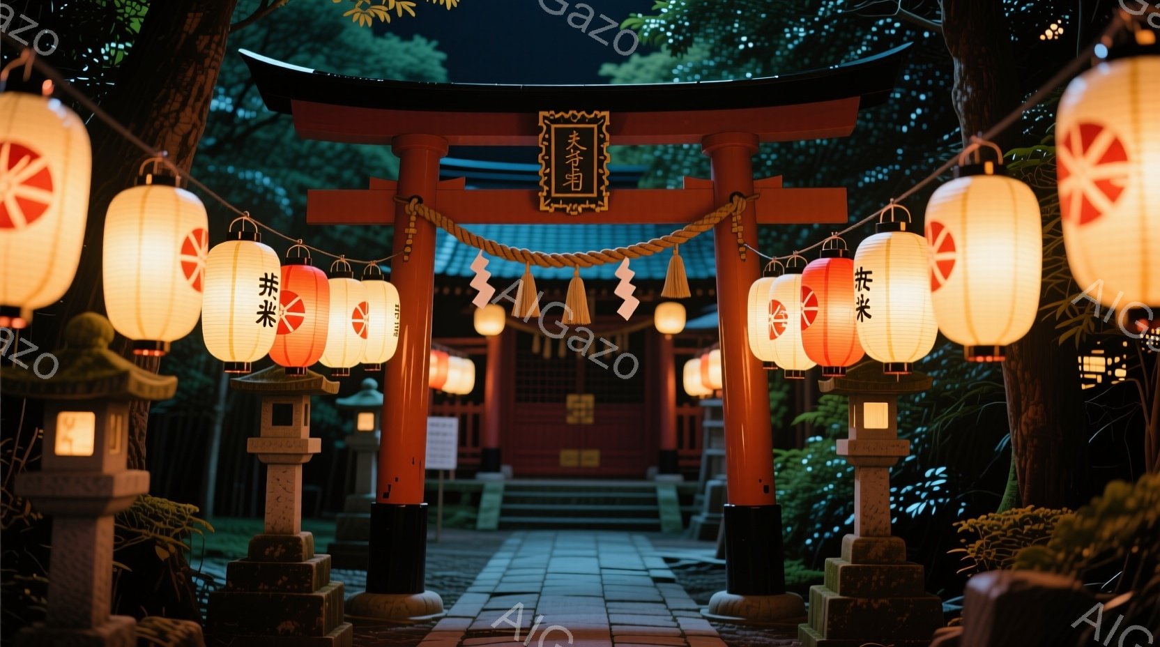 赤く塗られた鳥居が、石畳の道を挟んで並び、その奥に簡素な社殿が見える夜の風景です。鳥居には提灯が吊るされ、石灯籠が両脇に設置され、静かで神秘的な雰囲気を醸し出しています。背景には緑豊かな木々が見え、夜空は暗く、静寂と安らぎを感じさせる空間です。