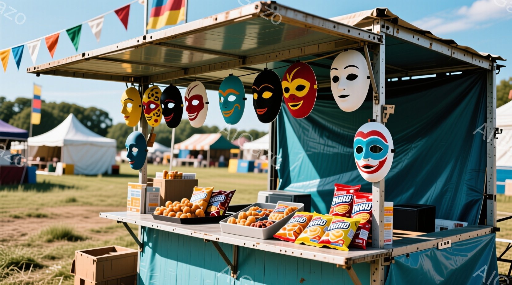 青い屋台にはカラフルなレスラーマスクが所狭しと飾られ、ポテトチップスの箱や揚げたてのポテトが並んでいます。背景には緑の芝生と白いテントが点在し、晴天の下、賑やかなイベント会場の一角を切り取ったような光景です。全体的に活気があり、楽しげな雰囲気が漂っています。