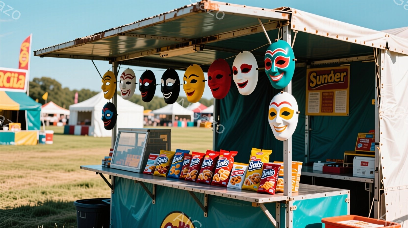 青い屋台にはカラフルなマスクが飾られており、カウンターにはサッツのチップスの箱が整然と並べられています。背景には緑の芝生と、遠くに見える他の屋台や観客が見え、晴れた空の下、賑やかなイベントの様子が伺えます。全体的に明るく活気のある雰囲気で、お祭りや遊園地のような場所であることがわかります。