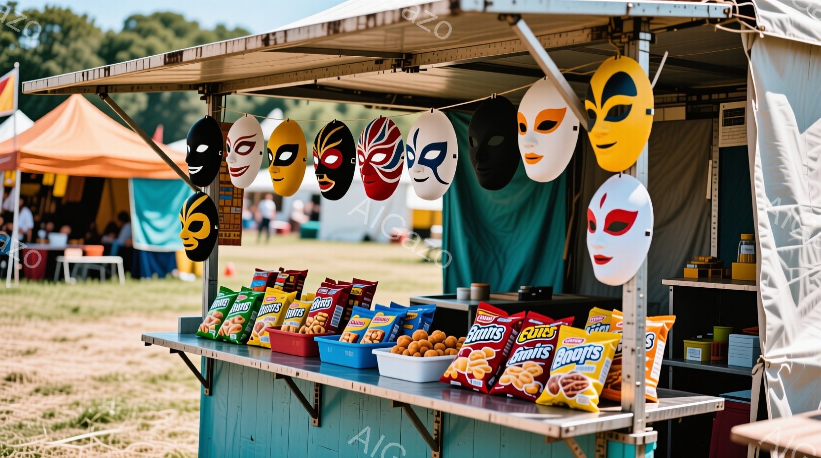 屋台にはカラフルなルチャリブレのマスクが並べられており、明るい色合いが目を引きます。屋台の下には様々なスナック菓子が置かれ、楽しげな雰囲気を醸し出しています。背景には緑の草地と遠くに見える人々がおり、屋外イベントが行われている様子が伺えます。