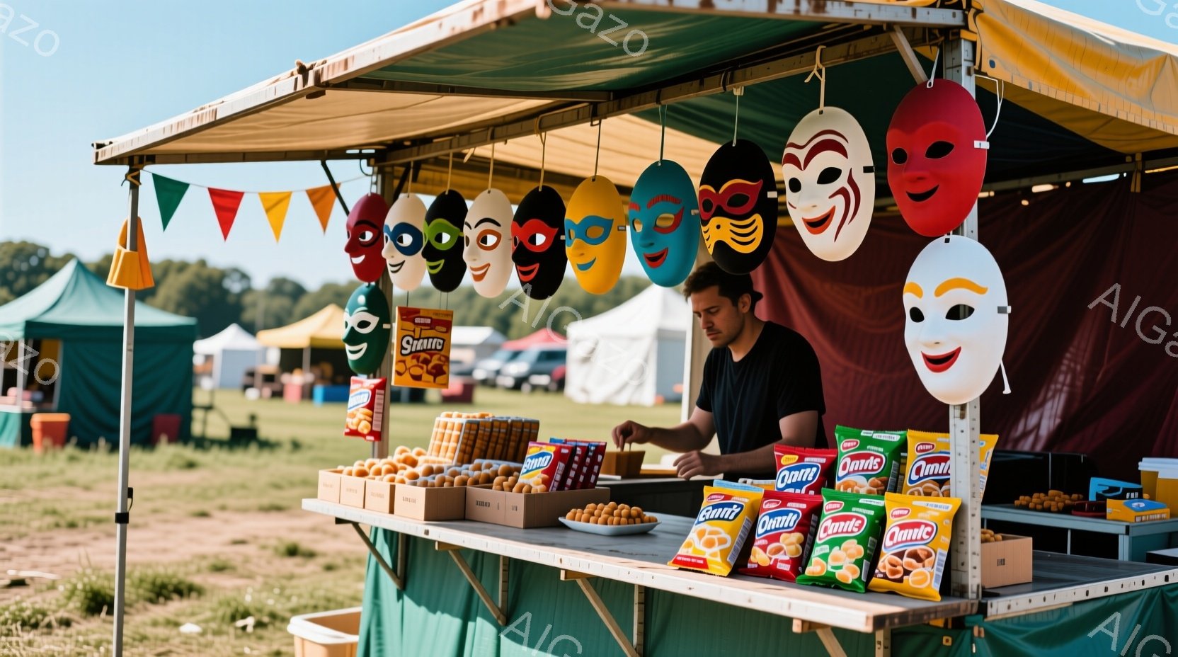 屋台には色とりどりのマスクが飾られ、スナック菓子や卵が並べられています。男性は黒いTシャツを着ており、何かを調整しているように見えます。背景には緑の牧草地が広がり、晴天の下、賑やかなイベントの雰囲気を感じさせます。