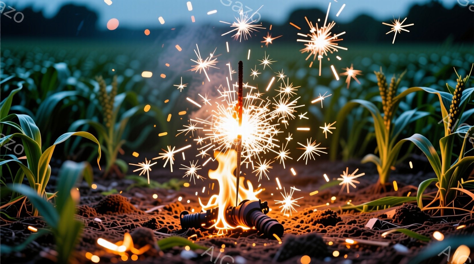 燃え盛る花火が、トウモロコシ畑の土の上に散りばめられた火花と煙を伴って夜空を彩っている。周囲には燃え尽きた花火の残骸が散らばり、土と植物の緑がぼやけた背景を形成している。全体的に、夜の田園風景で、短い一瞬の輝きと消滅を描写した、静かで神秘的な雰囲気が漂っている。