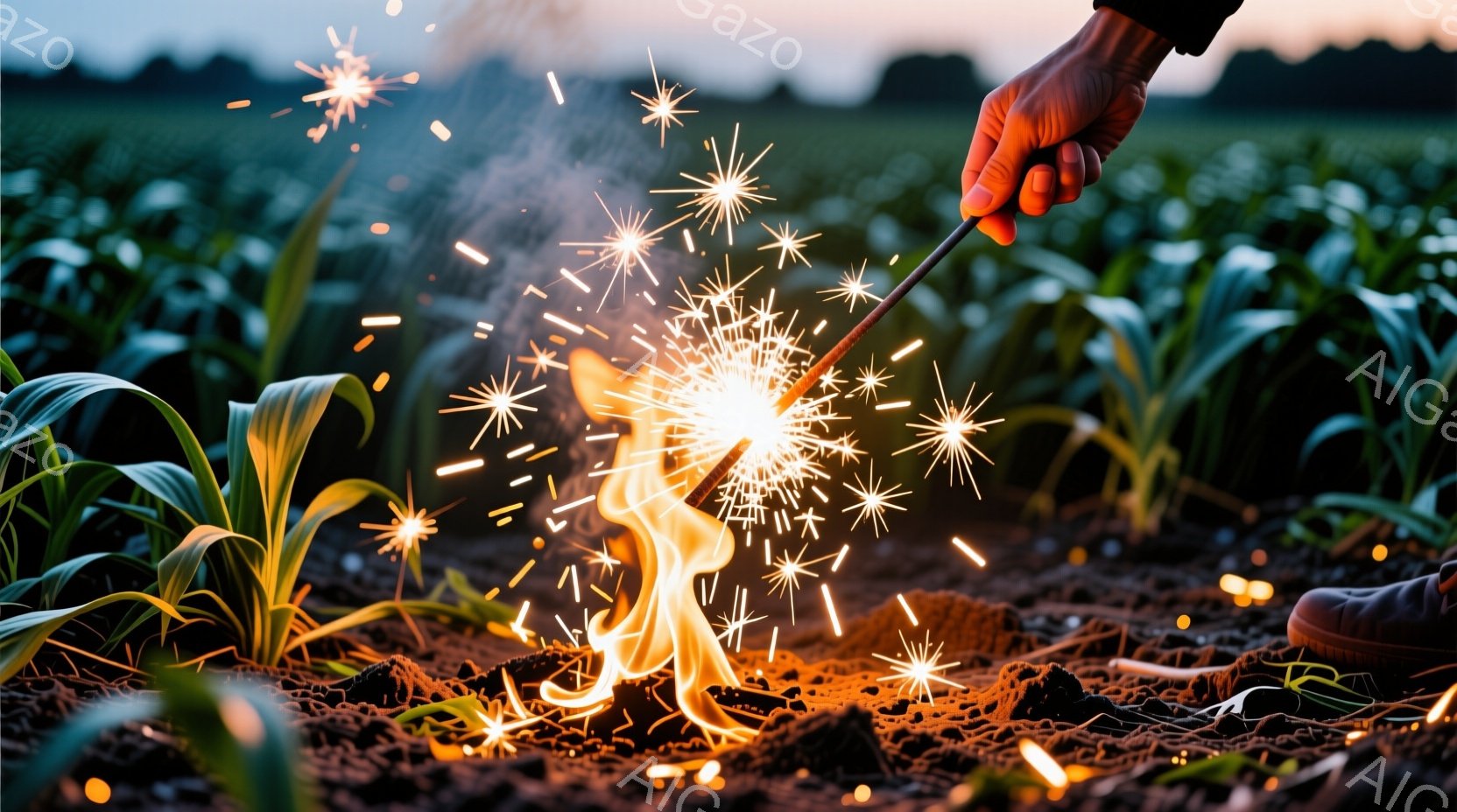 夕暮れ時の畑で、誰かが火花を散らす棒を燃え盛るたき火に近づけている様子が写っている。燃え上がる炎と飛び散る火花が印象的で、背景には緑色の植物が生い茂り、足元にはスニーカーがわずかに見える。全体的に、暖かく、どこか神秘的な雰囲気を醸し出している。
