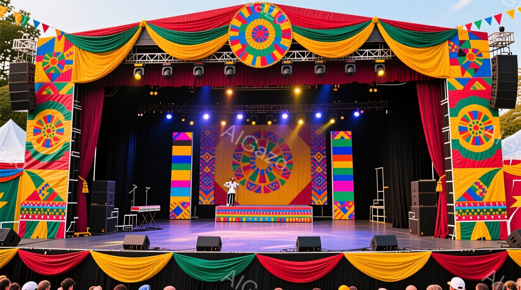 ステージは鮮やかな赤、黄色、緑、青を基調とした装飾が施されており、背景には幾何学模様の大きなパネルが設置されています。中央のステージ上には白いシャツに黒いズボンを着用した男性が立っており、マイクに向かって何かを語っているようです。会場全体は晴天の下、観客席が見えることから、屋外イベントの様子が伺えます。