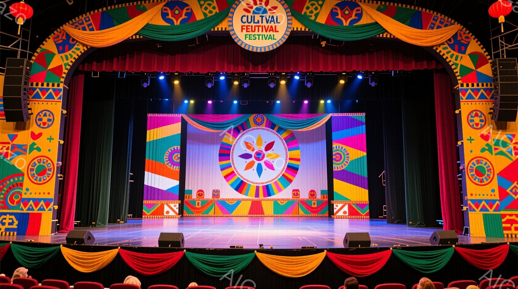 ステージはカラフルな装飾で飾られ、中央には大きな円形の模様が描かれた背景があります。赤いカーテンと緑の装飾がステージの周りを縁取り、観客席は赤い座席で埋められています。全体的に、お祭りやイベントの華やかな雰囲気が漂っています。