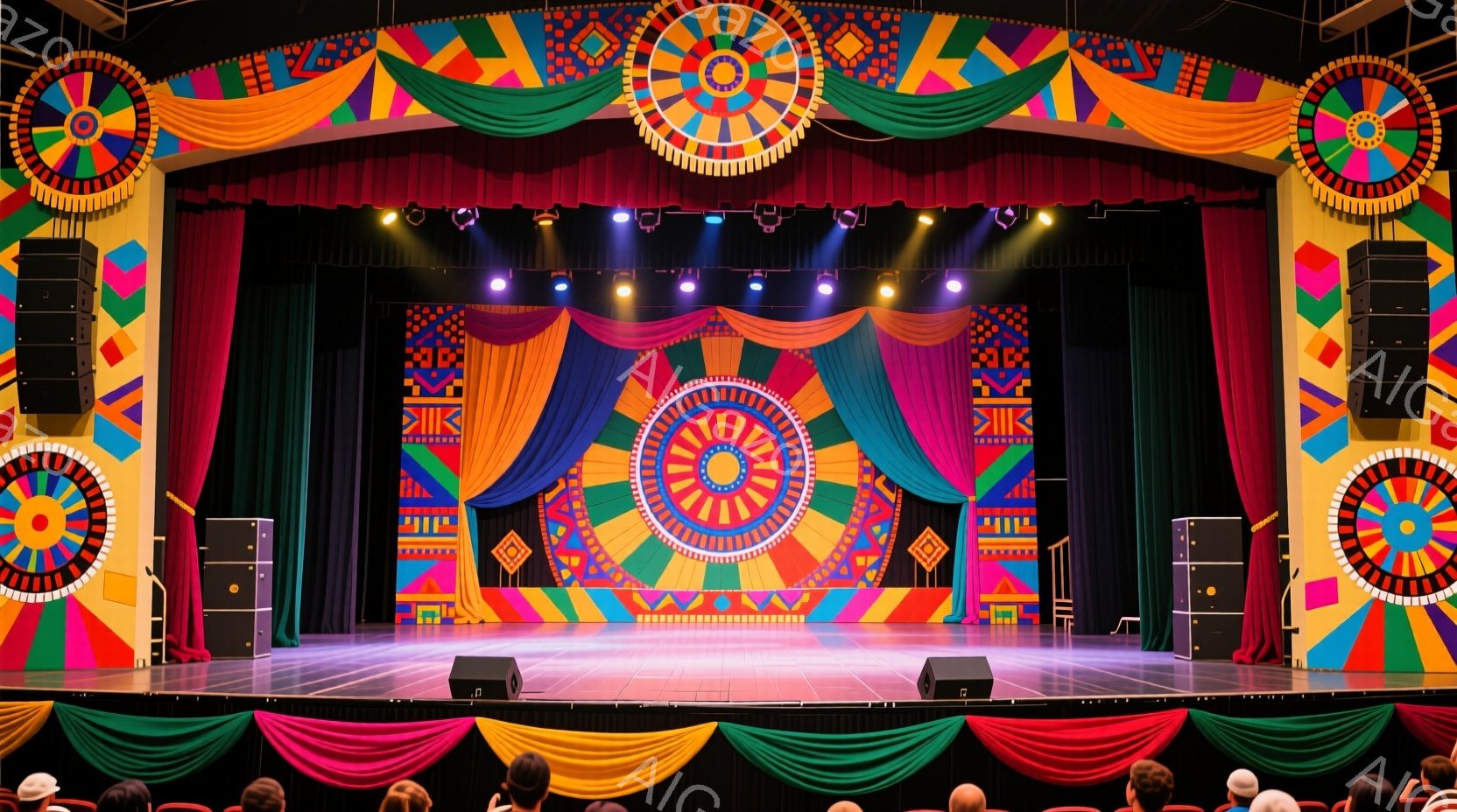 カラフルな背景を持つ舞台の写真です。中央には大きな円形の装飾があり、その周りを青、ピンク、黄色のカーテンが囲んでいます。背景には、幾何学的な模様が施されたパネルが配置され、舞台全体が明るく、お祭りのような雰囲気を醸し出しています。