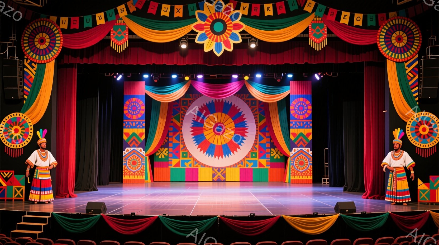 ステージ上に、鮮やかな民族衣装を身に着けた二人の人物が立っています。彼らは赤い装飾が施された黒い帽子をかぶり、精悍な表情でまっすぐに前を見据えています。背景には、カラフルな幾何学模様のパネルと、装飾的な旗が飾られた赤いカーテンが広がっており、お祭りや祝祭の華やかな雰囲気を醸し出しています。