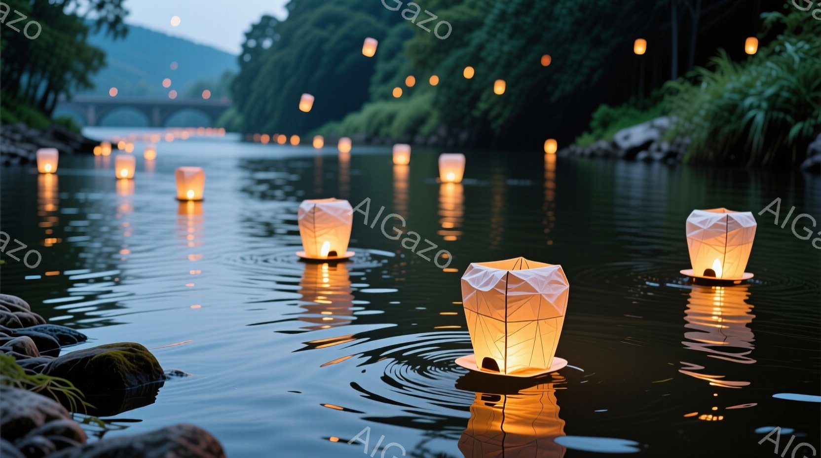 静かな川面には、たくさんの灯篭が静かに浮かび、水面に暖かい光を反射させています。背景には緑豊かな木々と、遠くにぼんやりと見える橋が見え、穏やかで神秘的な雰囲気を醸し出しています。水面の波紋と灯篭の光が - AI生成フリー素材