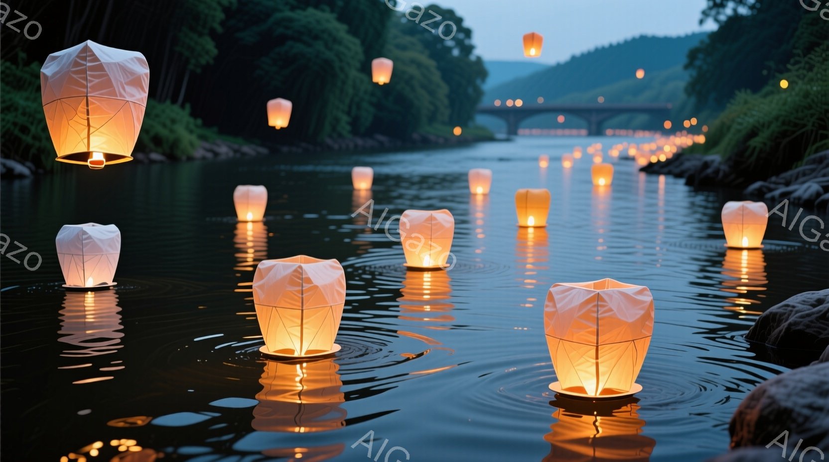 夜の川面に無数の灯籠が浮かび、水面にはそれぞれの光が揺らめく美しい光景が広がっている。背景には緑豊かな山々と、遠くに見える橋がぼんやりと浮かび、静かで幻想的な雰囲気を醸し出している。穏やかな水面と暖かな光が、どこか懐かしい感情を呼び起こすような、心安らぐ情景である。