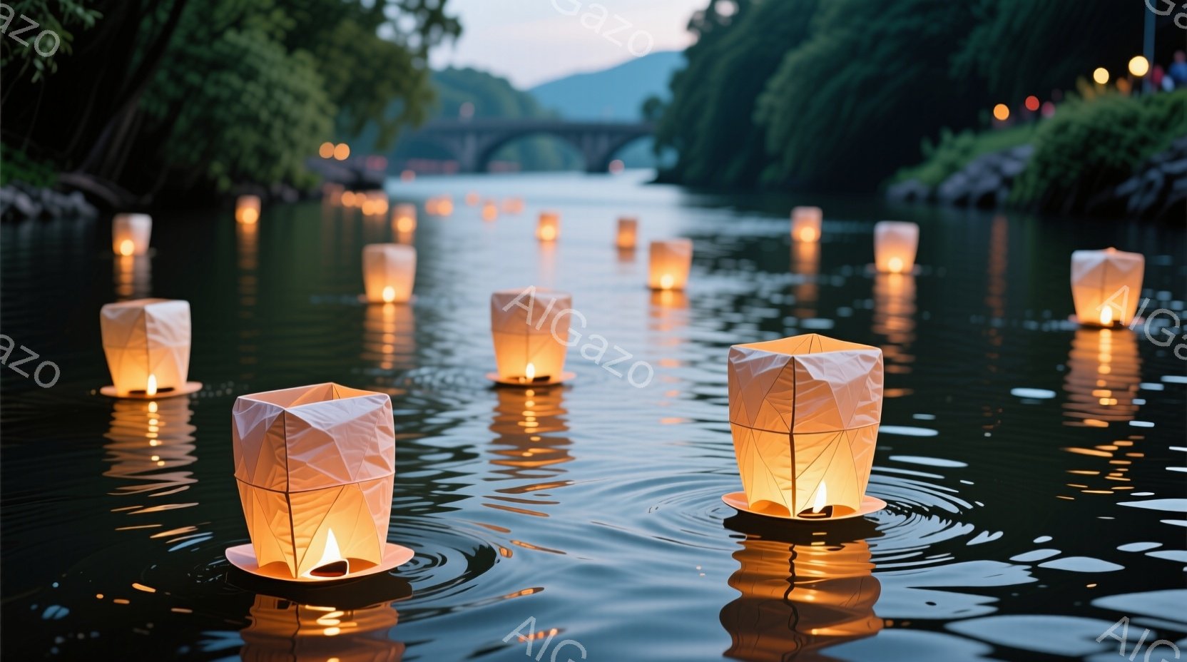 穏やかな川面には、多くの灯篭が浮かび、それぞれの炎が水面に揺らめいている。背景には緑豊かな木々と、遠くに見えるアーチ型の橋がぼんやりと見える、夕暮れ時の静かで幻想的な風景が広がっている。全体的に、安らかさと希望を感じさせる、心温まる光景である。