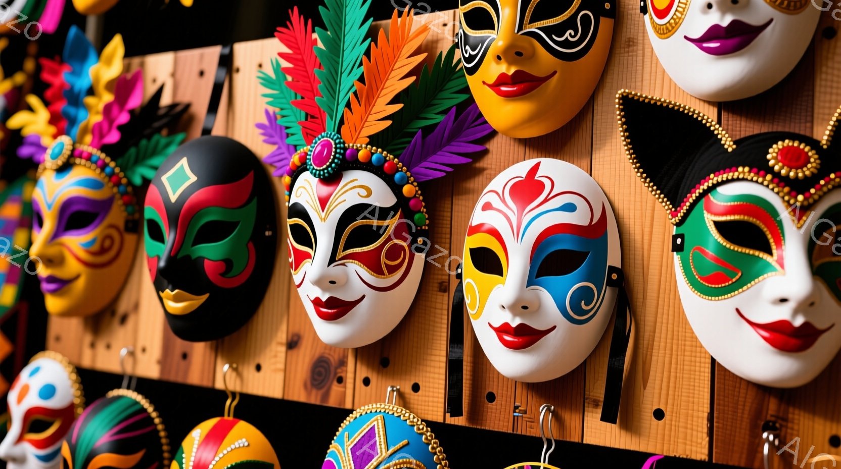 カラフルなヴェネツィアンマスクが木製の背景に並んで飾られています。マスクは白を基調とし、赤、青、緑、金などの鮮やかな色で装飾され、羽根やビーズ、渦巻き模様が特徴的です。明るい色彩と華やかな装飾が、お祭りやカーニバルのような賑やかな雰囲気を醸し出しています。