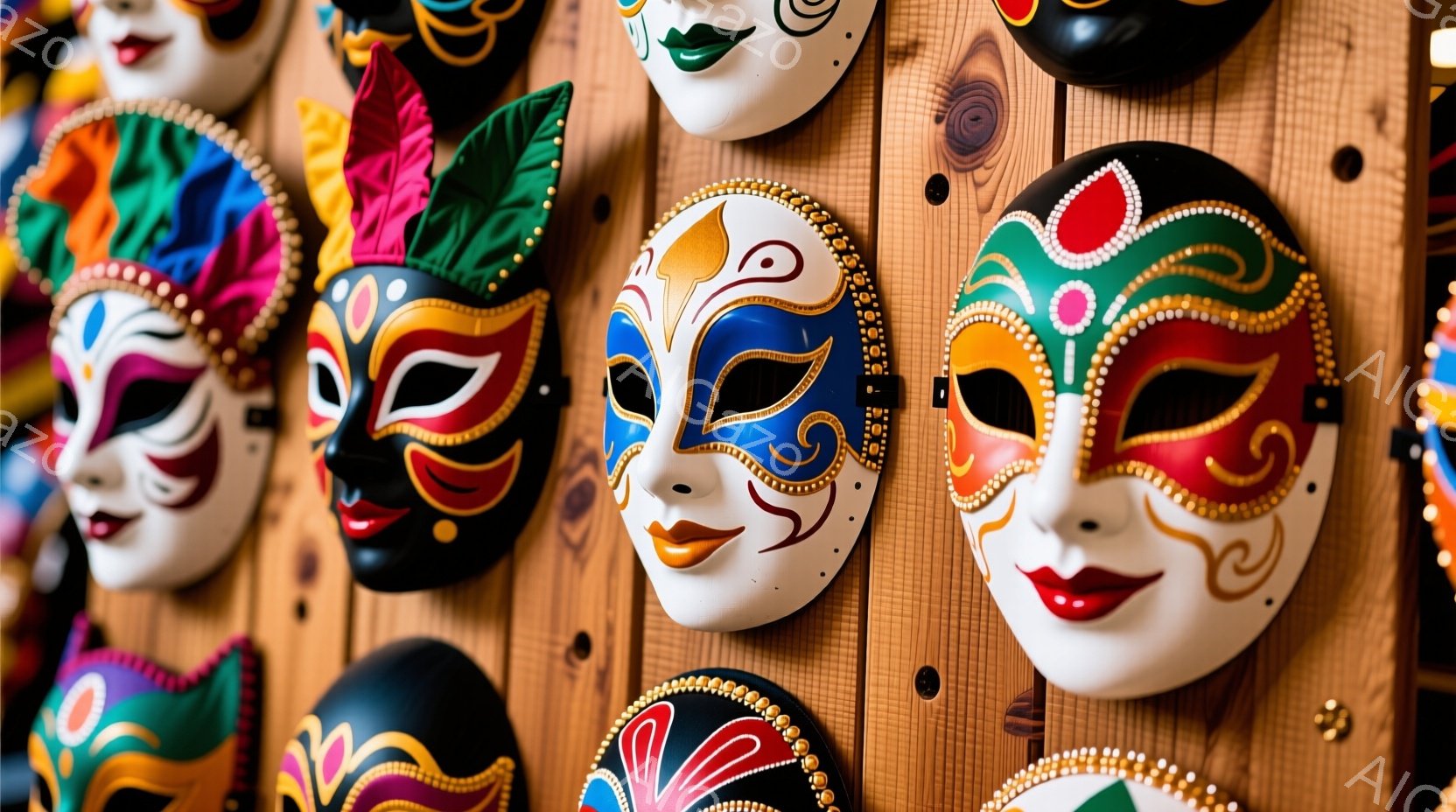 色とりどりの仮面が木の壁に並べられています。それぞれの仮面は、鮮やかな色と装飾が施され、カーニバルや祭りの雰囲気を思わせます。背景の木製の壁は、仮面の色彩を際立たせ、全体的に活気に満ちた、お祭り騒ぎのような印象を与えます。