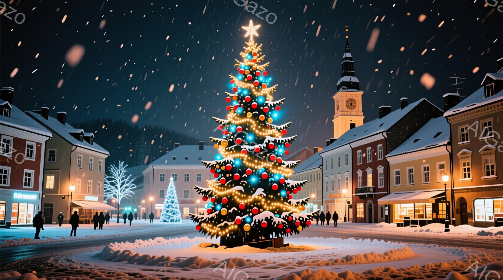 広場の中央には、色とりどりのオーナメントで飾られた巨大なクリスマスツリーが聳え立っており、暖かい光を放っている。周囲には、冬の装いの人々がおり、コートや帽子を着用し、穏やかな表情でツリーを見上げている。背景には、雪に覆われた建物が立ち並び、夜空には雪が舞い降りており、静かで幻想的な冬の雰囲気を醸し出している。