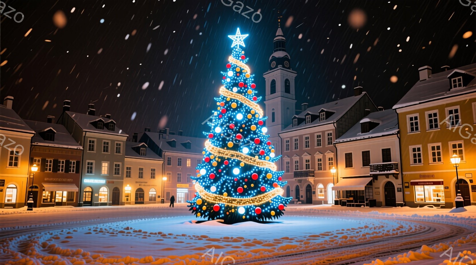 広場の中央には、カラフルな電飾で飾られた巨大なクリスマスツリーがそびえ立ち、その周りには雪が降り積もっています。周囲にはヨーロッパ様式の建物が並び、窓から漏れる暖かい光が雪景色に温かみを加えています。全体的に静かで幻想的な雰囲気で、クリスマスの喜びと平和を表現しています。