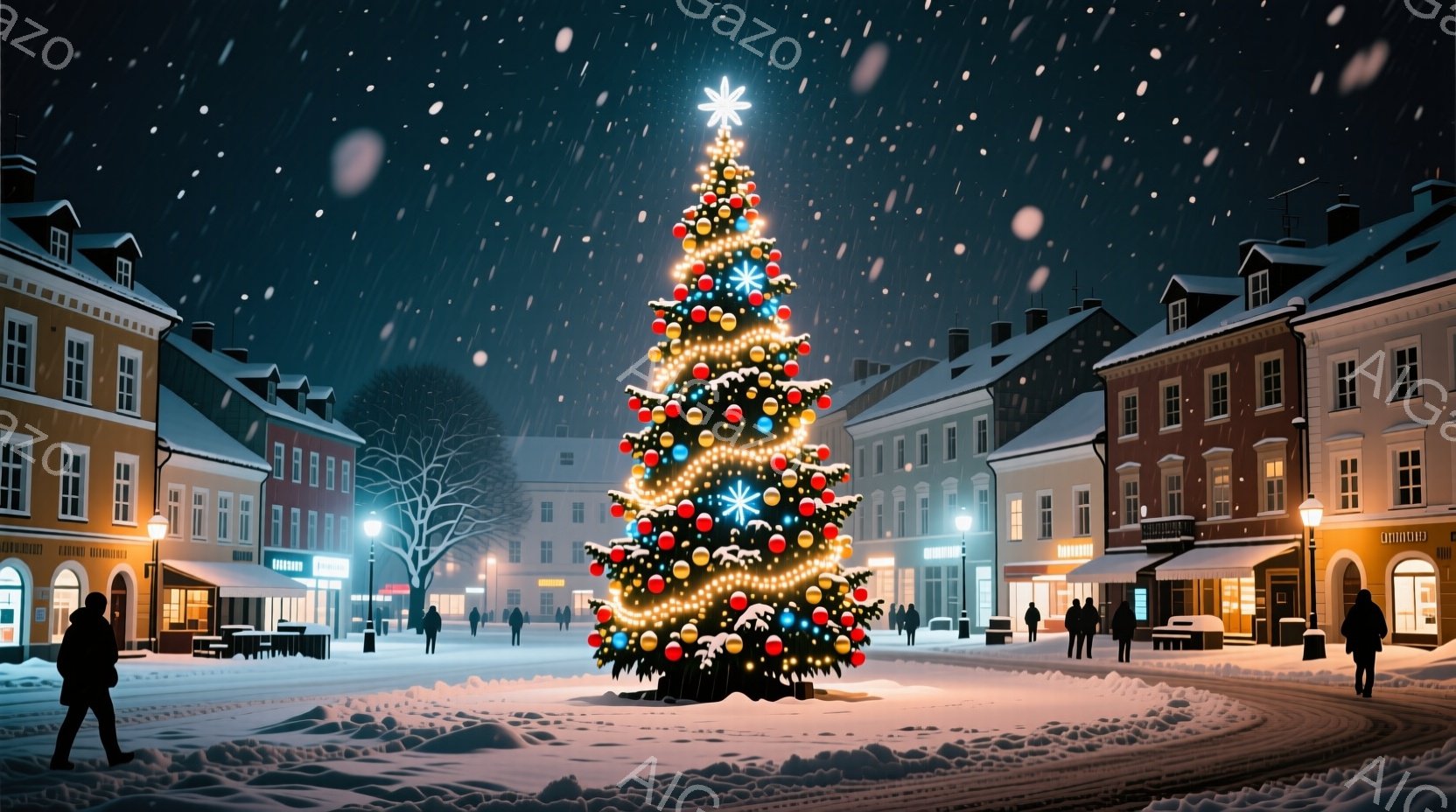 広場の中央には、きらびやかな装飾が施された巨大なクリスマスツリーがそびえ立ち、温かい光を放っている。周囲にはヨーロッパ風の建物が立ち並び、雪が静かに降り積もる夜の風景が広がっている。数人の人々が歩行しており、冬の穏やかで幻想的な雰囲気を醸し出している。