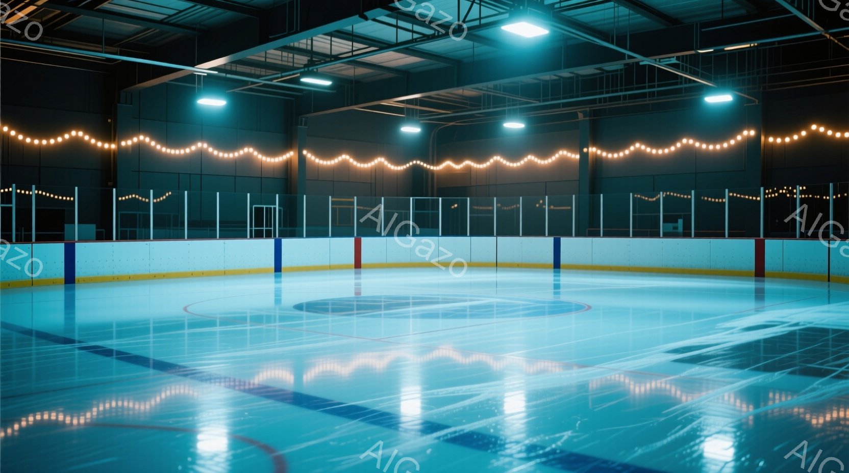 鮮やかな青色のスケートリンクが広がり、中央には円形のロゴが描かれている。リンクは壁に沿って赤い保護柵で囲まれ、天井からは明るい照明と温かい光のストリングライトが吊り下げられている。広々とした空間は、きれいに整えられ、静かで落ち着いた雰囲気である。