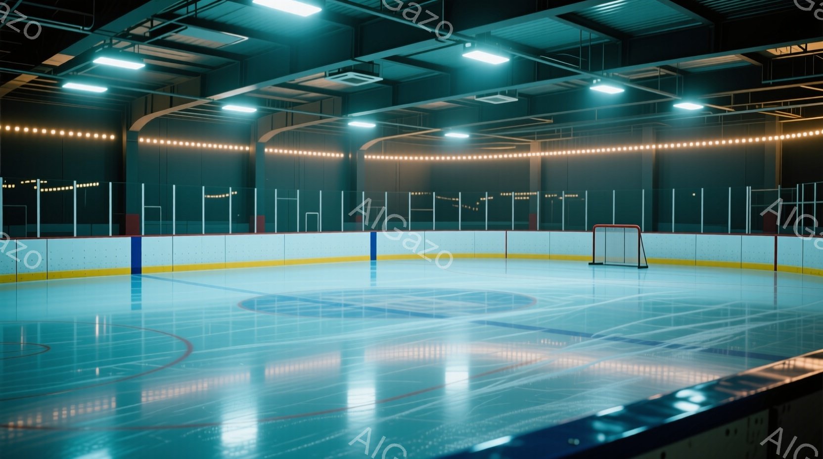 広々としたアイスホッケーリンクが写っており、氷面には青と赤のライン、中央には円形のロゴが描かれている。リンクの周囲は観客席で囲まれ、天井からは明るい照明が照らされている。全体的に静かで、練習や試合前の準備が行われる前の、落ち着いた雰囲気が漂っている。