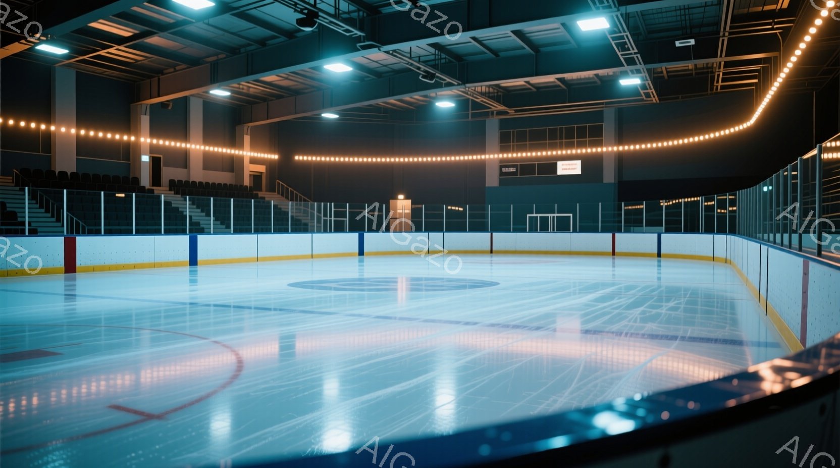 空っぽのスケートリンクの内部を示しています。青い氷面には、赤い線で描かれたホッケーのラインが走り、リンクの周囲には黒い観客席が並んでいます。天井には明るい照明が並び、近代的なスポーツ施設の雰囲気を作り - AI生成フリー素材