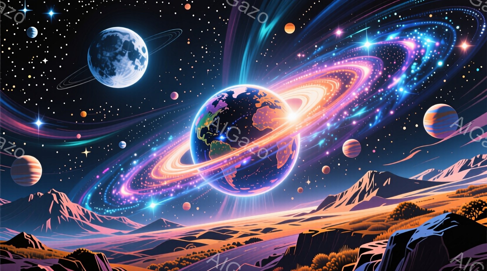 鮮やかな色彩が印象的な宇宙空間が描かれています。地球を中心に、虹色に輝くリングが広がり、他の惑星や星々が散りばめられています。地平線には、岩山や丘陵が連なり、幻想的で神秘的な雰囲気を醸し出しています。