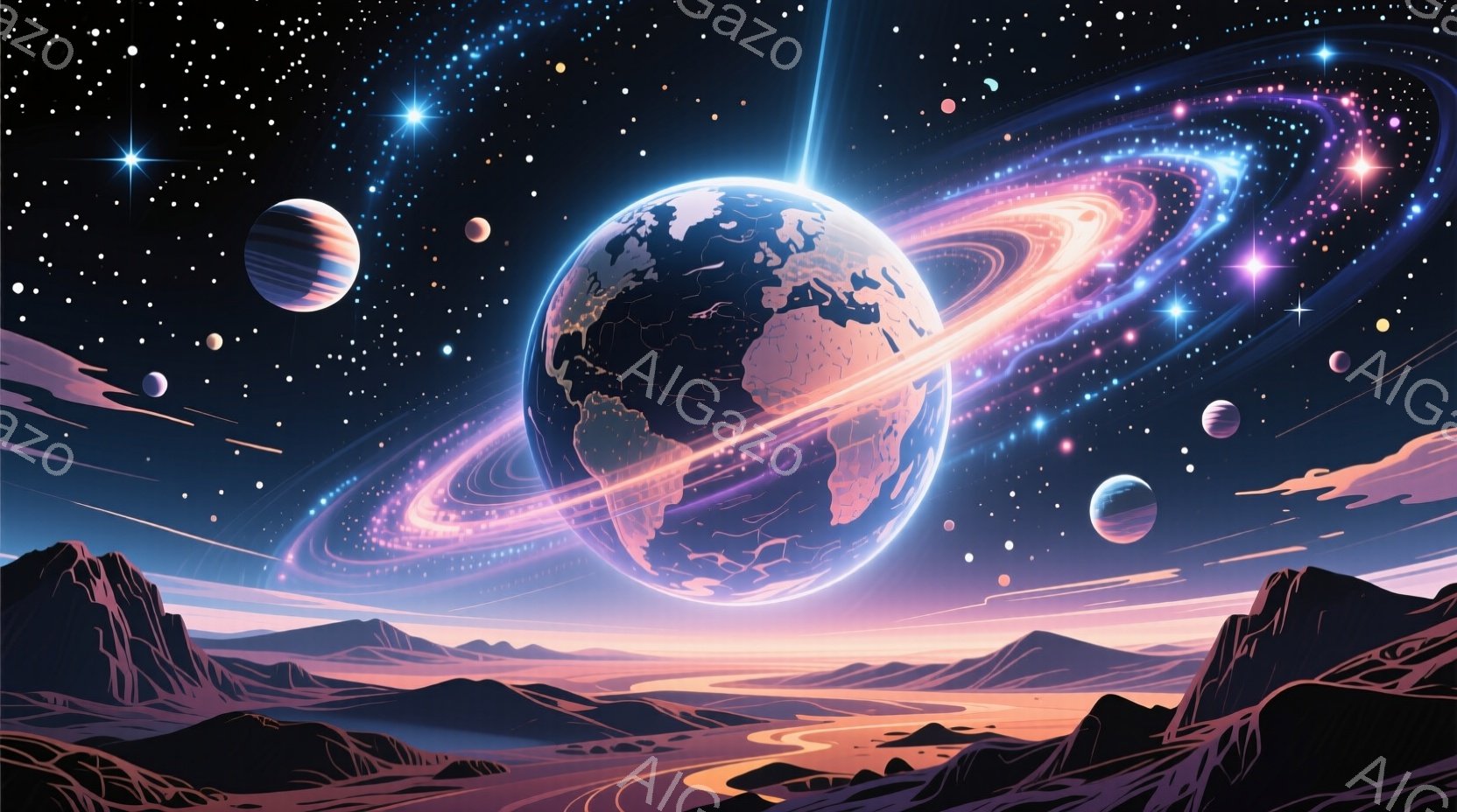 漆黒の宇宙空間に、地球のような惑星が虹色の環に囲まれて浮かんでいる。惑星の周囲には、他の惑星や無数の星々が輝き、地平線には紫とオレンジのグラデーションが広がる山脈が連なっている。全体的に幻想的で神秘的な雰囲気を醸し出しており、壮大な宇宙の美しさを表現している。