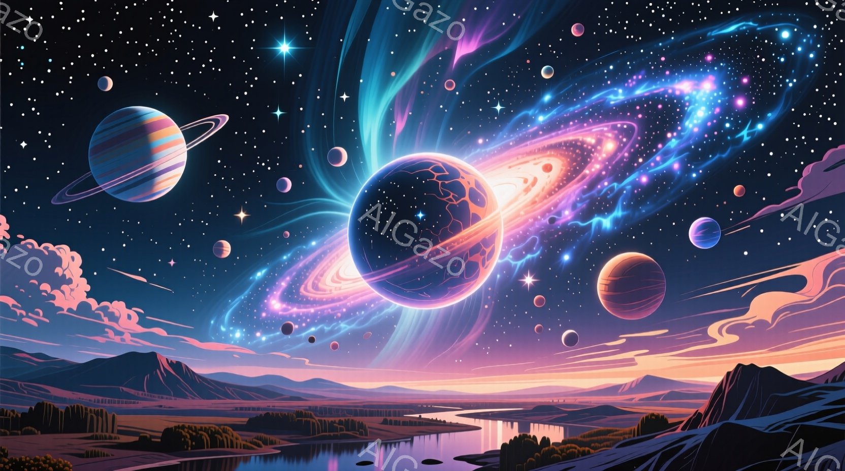 広大な夜空には、様々な大きさの惑星が散りばめられ、特に中心には巨大な環を持つ惑星が輝いている。地平線には山脈と、それらの間を蛇行する川が広がり、幻想的な光景を作り出している。全体的に、神秘的で壮大な宇宙の雰囲気が漂い、見る者を魅了する。