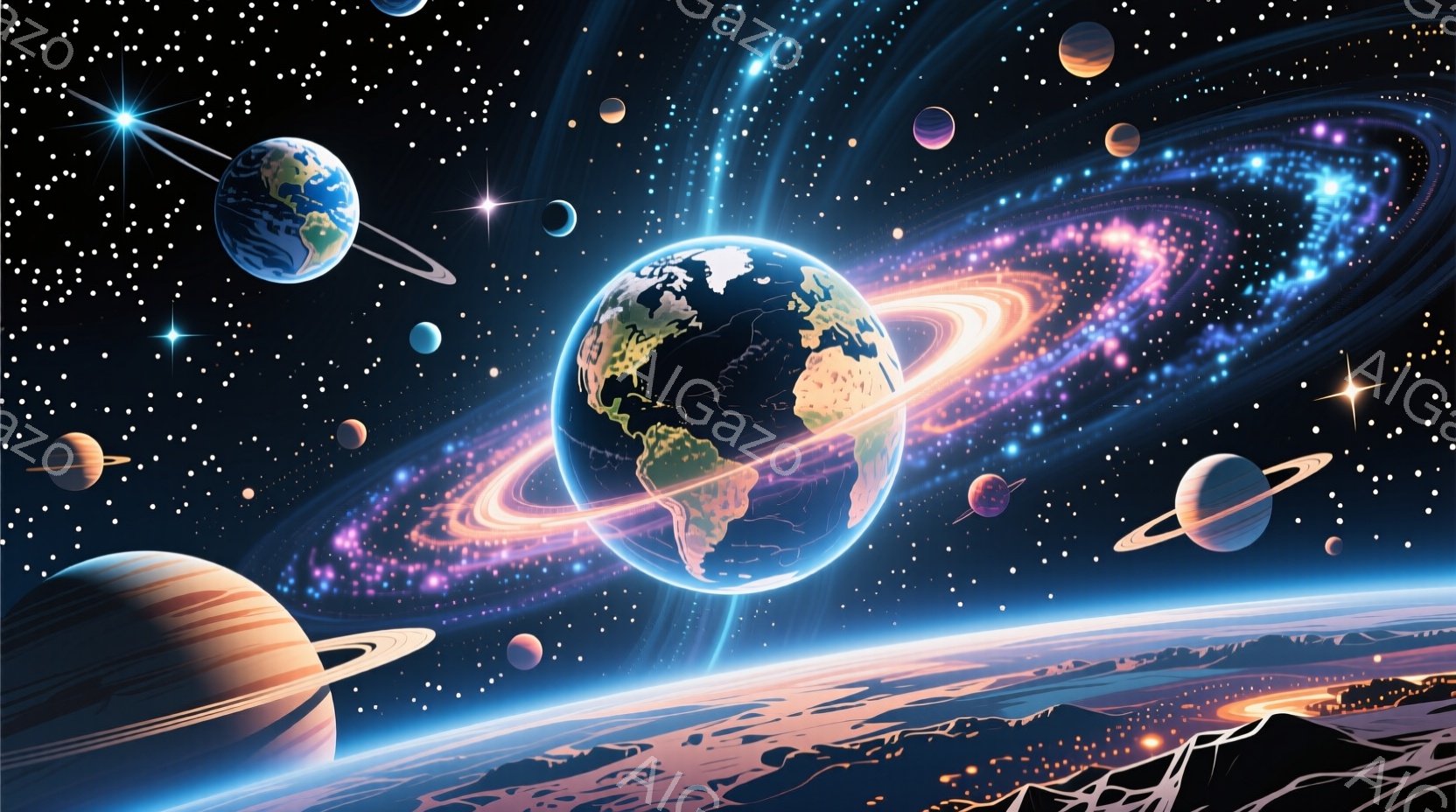 広大な宇宙空間に、地球や他の惑星がリング状の光に包まれて浮かんでいる様子が描かれています。惑星の周囲には、星雲のような紫とピンクの輝きが広がり、神秘的な雰囲気を醸し出しています。惑星の下には、地平線が見え、紺碧の海と山脈がぼんやりと確認できます。