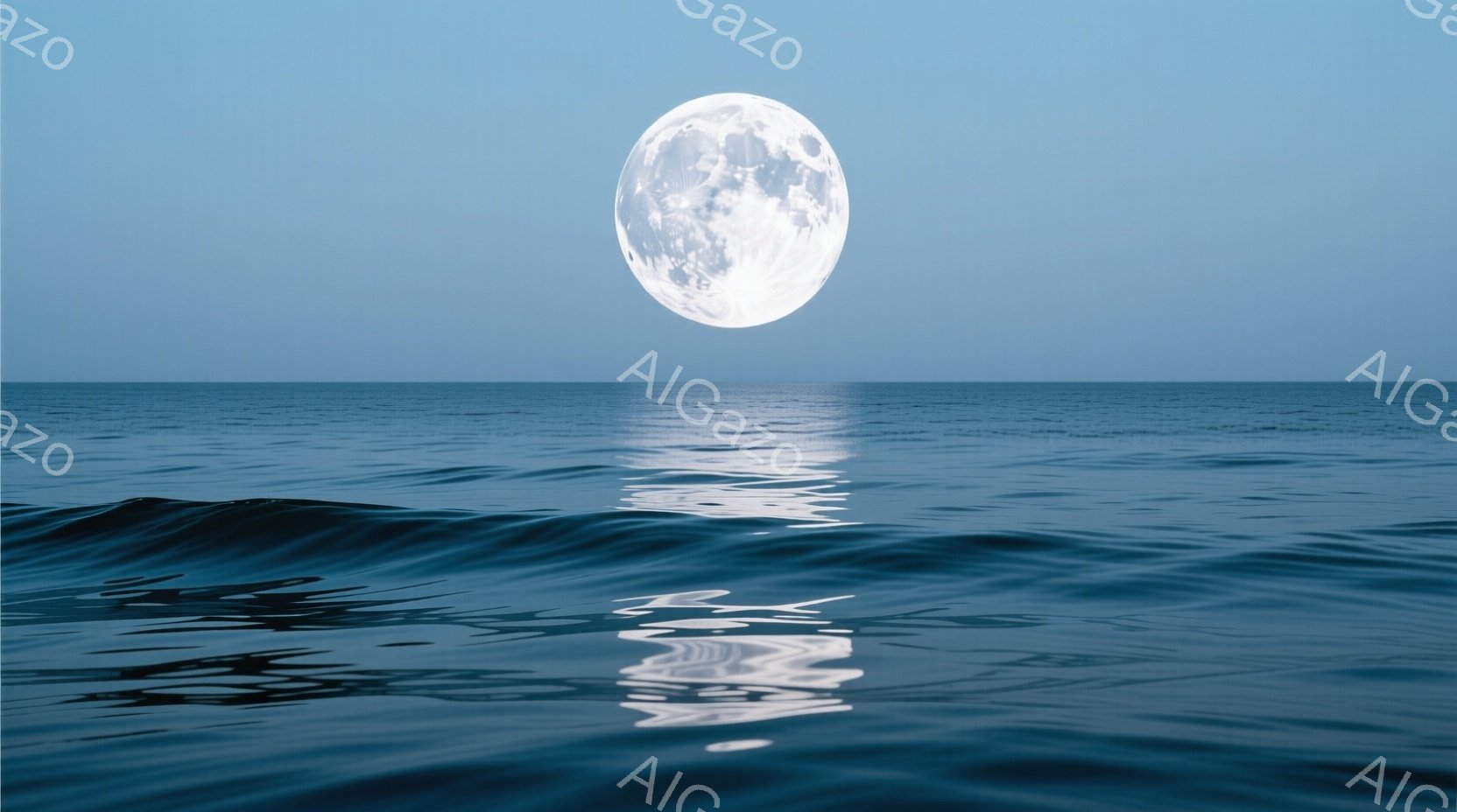 広大な海面に満月が輝き、水面にその姿が鮮明に反射している。波は穏やかで、月の光を受けてきらきらと輝き、静寂で神秘的な雰囲気を醸し出している。背景には何も建物や陸地は見えず、ただ広がる海と月だけが存在し - AI生成フリー素材