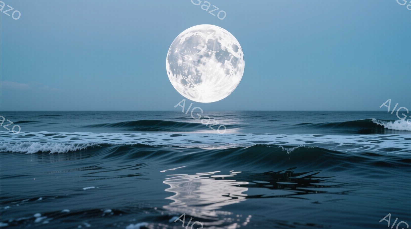 満月が夜の海に大きく輝き、波の表面に明るい光の道を作り出しています。波は暗い水面を動き、月の光を反射して、静かで神秘的な雰囲気を醸し出しています。この画像は、自然の美しさと静寂を捉えた、穏やかな夜の海の光景を表しています。