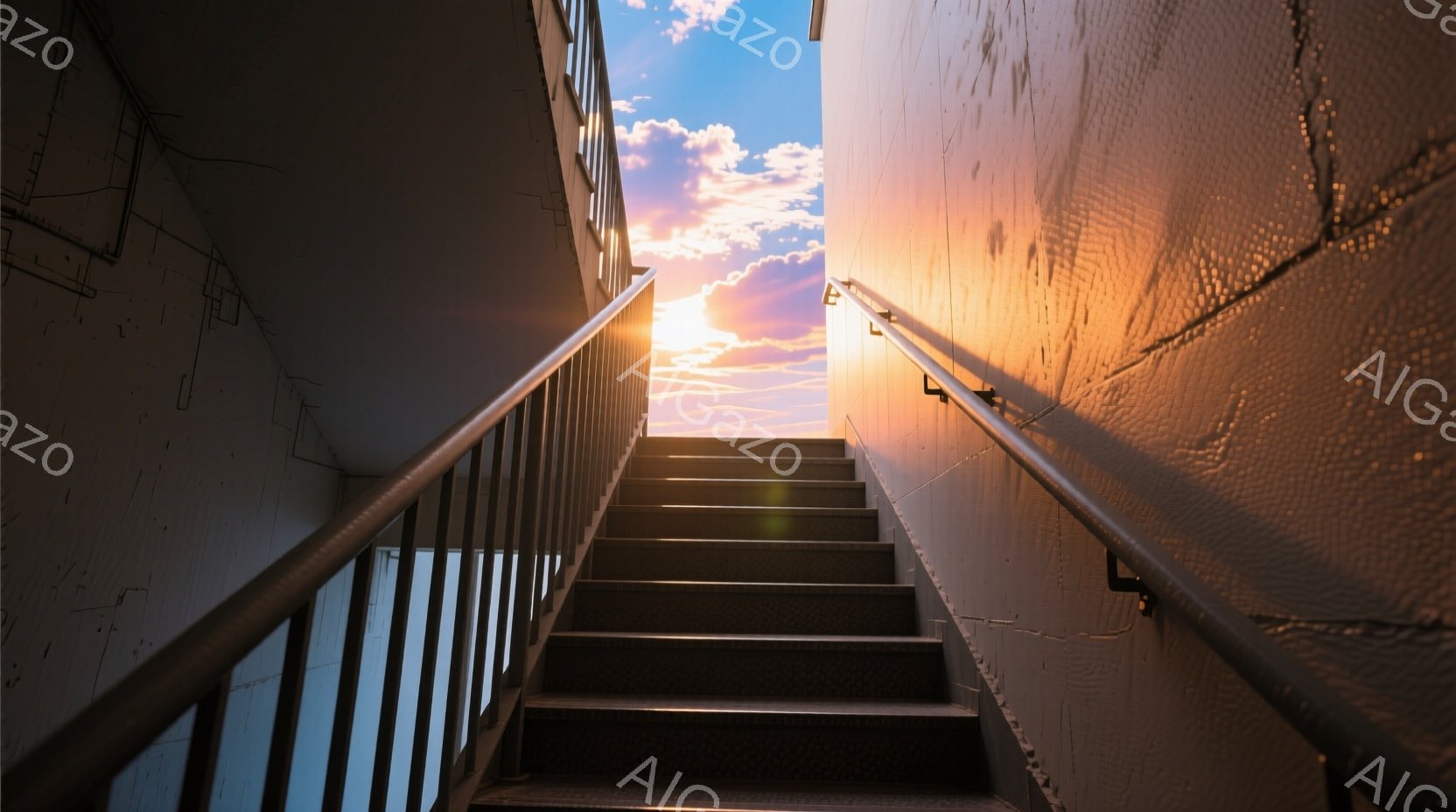 鉄製の階段が画面全体を占め、その先には鮮やかな夕焼け空が広がっている。階段はやや暗く、金属の質感が強調されているが、夕焼けの光が階段の一部を照らし、コントラストを生み出している。この構図は、閉塞感と開放感、そして希望を象徴しているかのようだ。