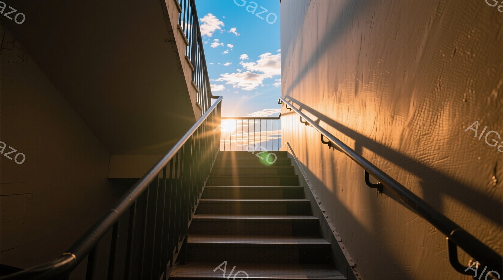 鉄製の階段が、明るい夕焼け空に向かって伸びています。階段の壁には強い影が落ち、金属の質感が強調されています。空は鮮やかなオレンジ色と雲が混ざり合い、希望に満ちた穏やかな雰囲気を醸し出しています。 - AI生成フリー素材